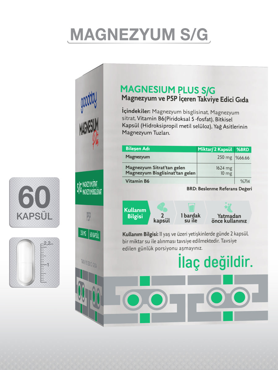 GOODDAY MAGNESIUM PLUS S/G (BİSGLİSİNAT SİTRAT & P5P)60 KAPSÜL